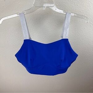 FABLETICS Blue Sports Bra with White Straps. Straight across front-no plunge